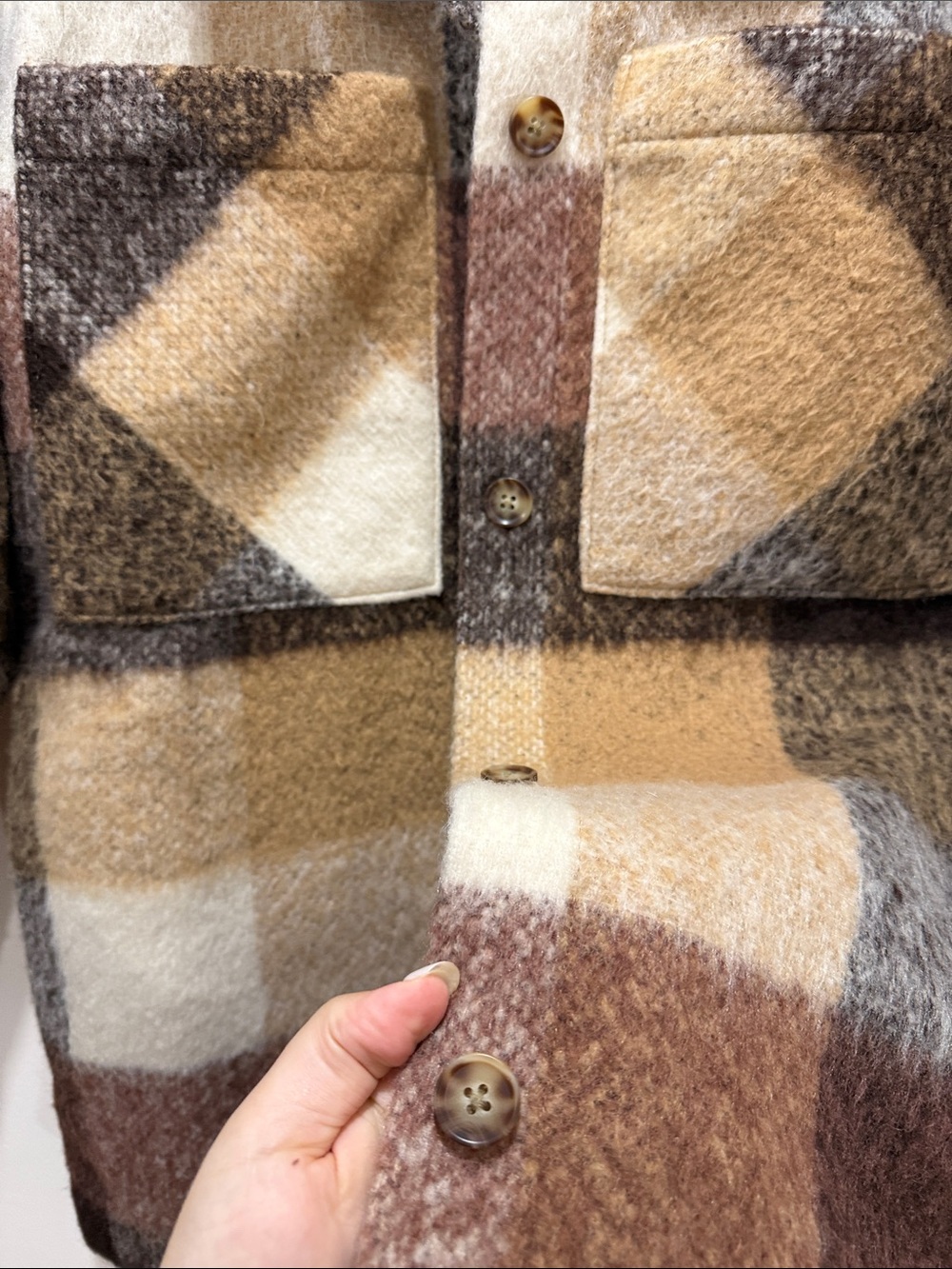 Abercrombie & Fitch Brown and Cream Plaid Wool Blend Shacket - Picture 5 of 10